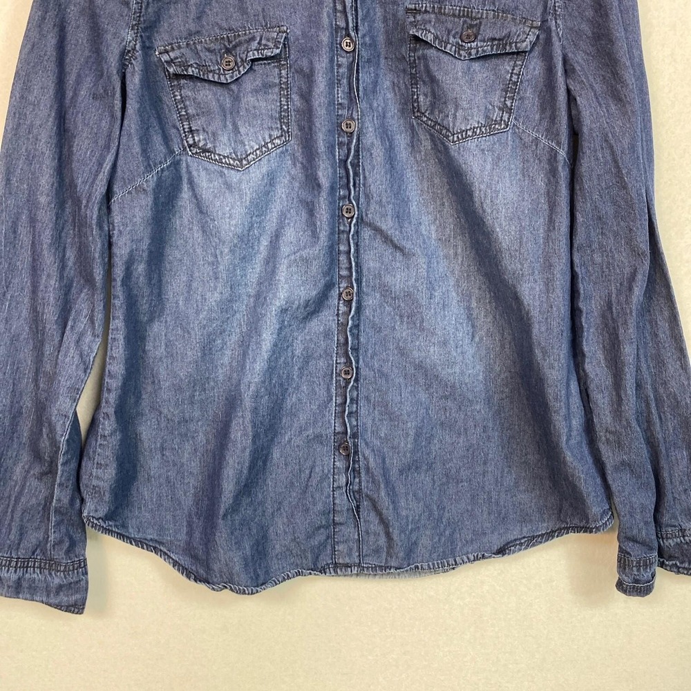 Ci Sono Women L Button Up Shirt Blue Snowflake Print Denim Western Long Sleeve - Picture 4 of 15